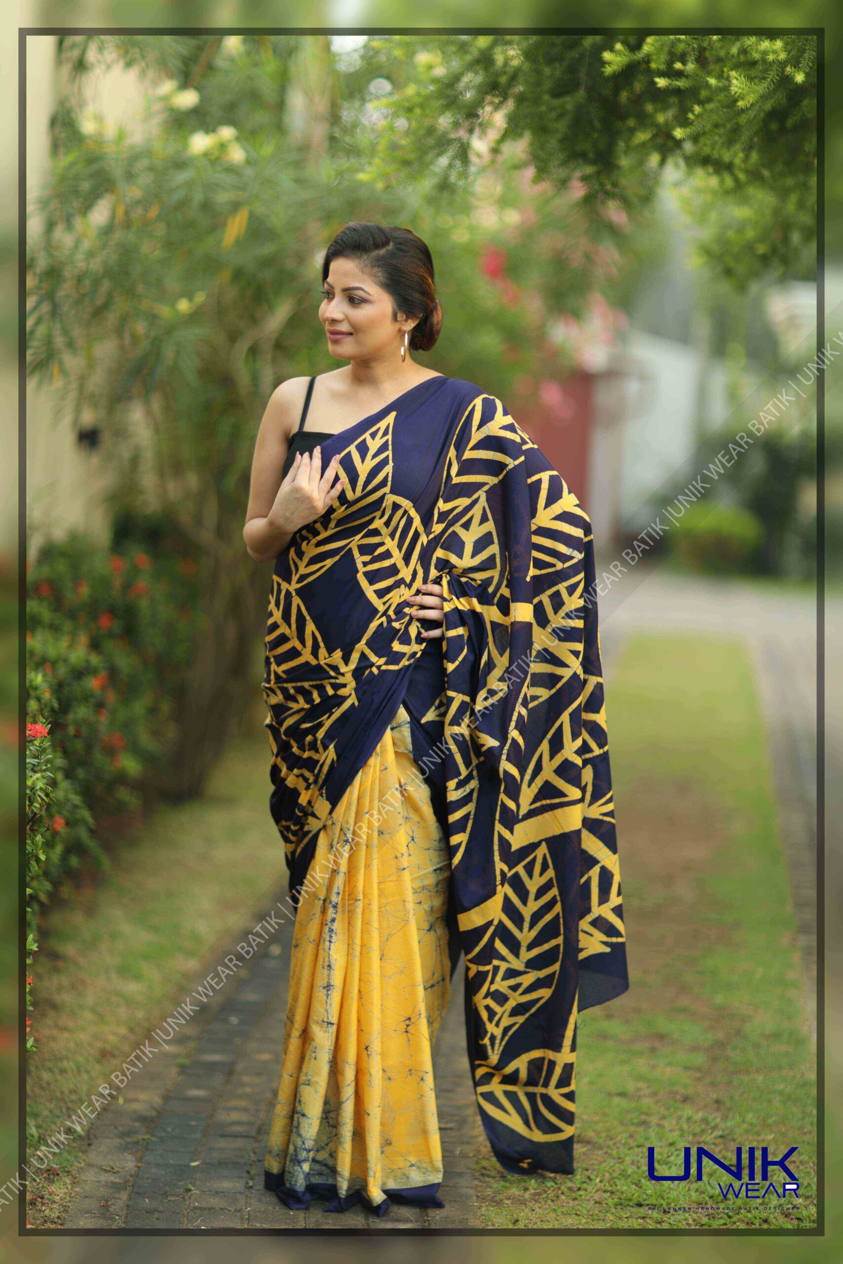 BLUE AND YELLOW SRI LANKAN HANDMADE COTTON BATIK SAREE 2119 UnikWear.lk