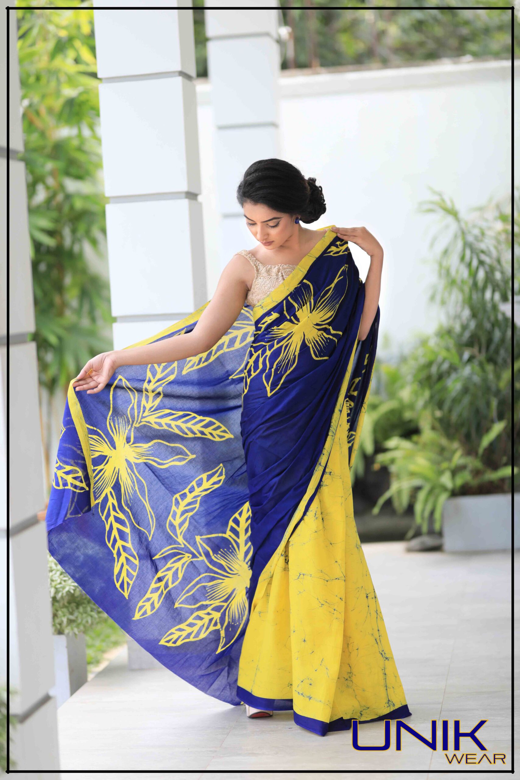 YELLOW AND BLUE COLOR SRI LANKAN HANDMADE COTTON BATIK SAREE 191123