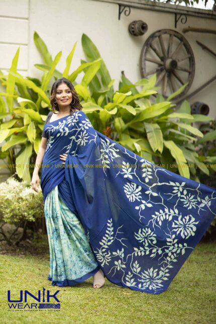 BLUE COLOR SRI LANKAN HANDMADE COTTON BATIK SAREE 2185