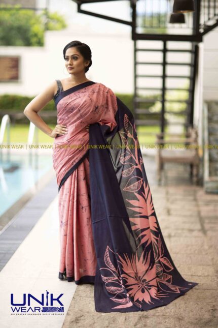 SALMON PINK & BLACK SRI LANKAN HANDMADE COTTON BATIK SAREE 2157