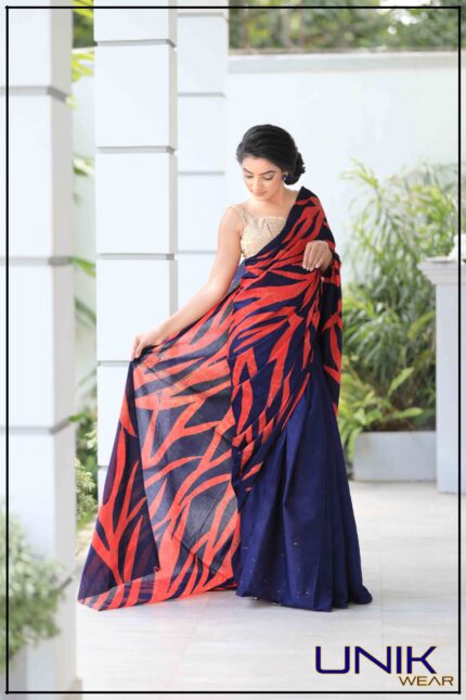 RED AND BLUE COLOR SRI LANKAN HANDMADE COTTON BATIK SAREE 191119