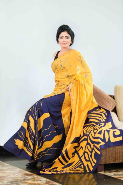 BLUE & YELLOW SRI LANKAN HANDMADE COTTON BATIK SAREE 19688
