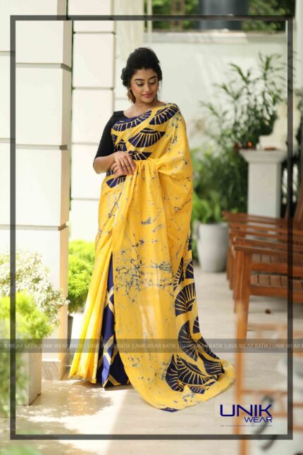 YELLOW AND BLUE COLOR SRI LANKAN HANDMADE COTTON BATIK SAREE 2054