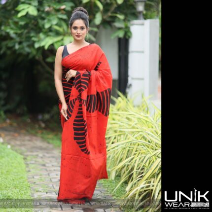 RED AND BLACK SRI LANKAN HANDMADE COTTON BATIK SAREE 2152