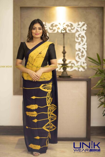 YELLOW & BLUE SRI LANKAN HANDMADE COTTON BATIK SAREE 2178