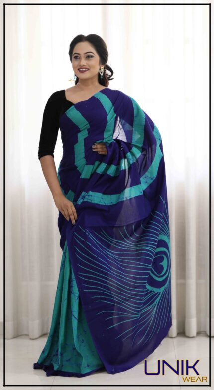 SEA GREEN AND BLUE SRI LANKAN HANDMADE COTTON BATIK SAREE 2008