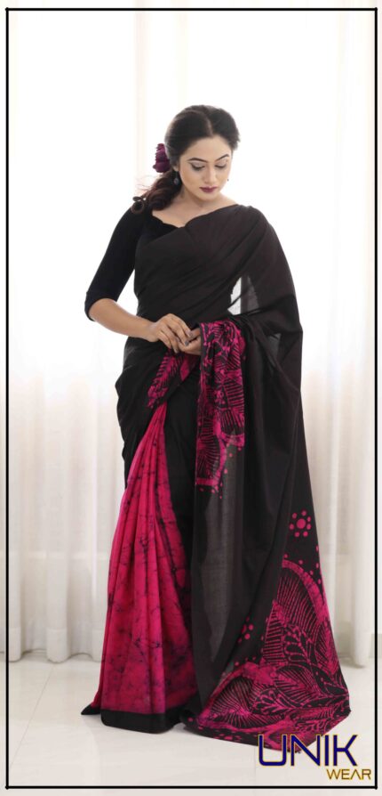 MAGENTA AND BLACK SRI LANKAN HANDMADE COTTON BATIK SAREE 2005