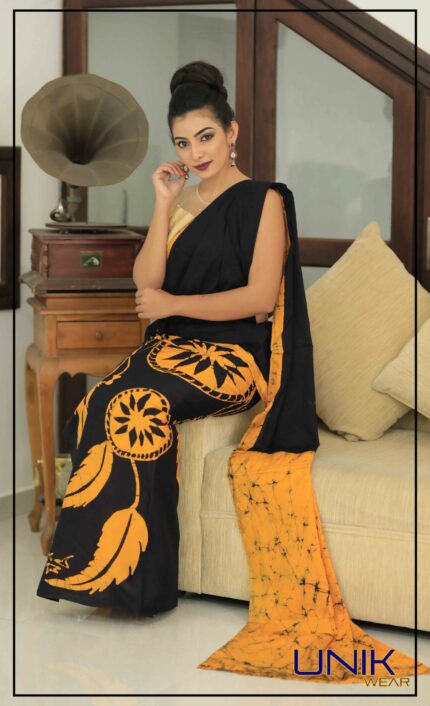 GOLDEN YELLOW AND BLACK SRI LANKAN HANDMADE COTTON BATIK SAREE 2021