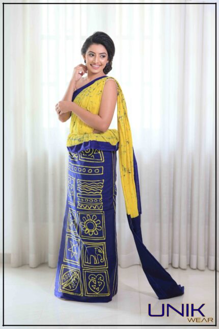 YELLOW AND BLUE SRI LANKAN HANDMADE COTTON BATIK SAREE 191130