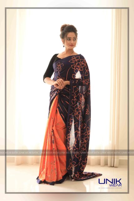 ORANGE AND BLUE SRI LANKAN HANDMADE COTTON BATIK SAREE 2028