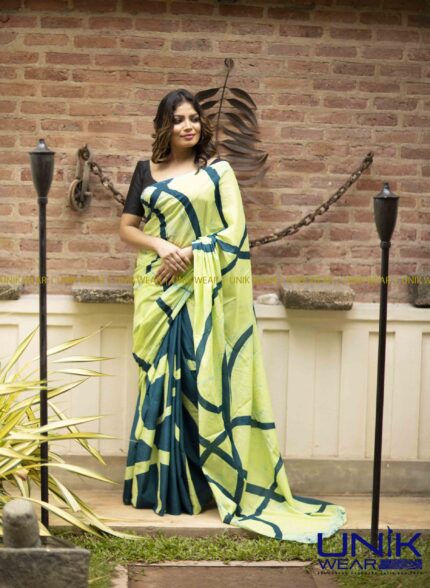 LIGHT GREEN & DARK GREEN SRI LANKAN HANDMADE COTTON BATIK SAREE 2184