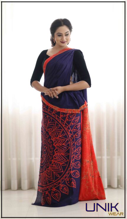 RED AND BLUE SRI LANKAN HANDMADE COTTON BATIK SAREE 2002