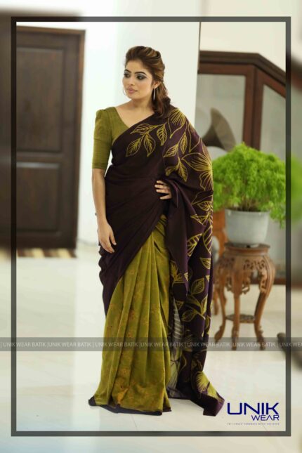 KAKI GREEN AND BROWN SRI LANKAN HANDMADE COTTON BATIK SAREE 2045