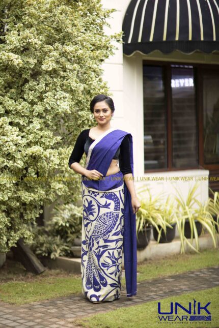 LIGHT BEIGE & BLUE SRI LANKAN HANDMADE COTTON BATIK SAREE 2182