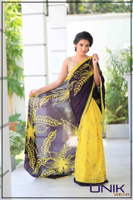YELLOW AND PURPLE COLOR SRI LANKAN HANDMADE COTTON BATIK SAREE 191121