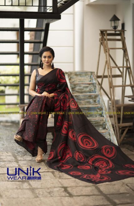 MAROON & BLACK SRI LANKAN HANDMADE COTTON BATIK SAREE 2143