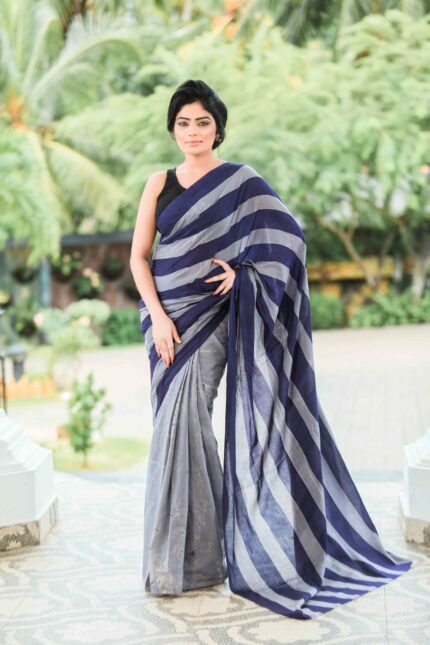 ASH AND BLUE COLOR SRI LANKAN HANDMADE COTTON BATIK SAREE 19690