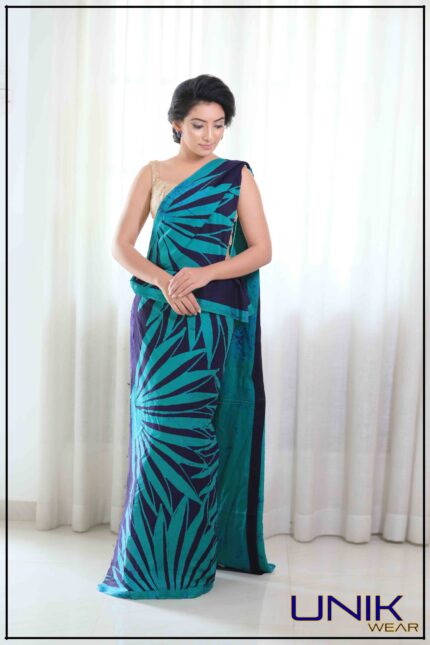 SEA GREEN AND PURPLE COLOR SRI LANKAN HANDMADE COTTON BATIK SAREE 191120