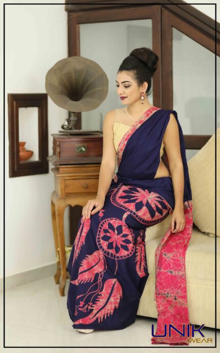 MAGENTA AND BLUE SRI LANKAN HANDMADE COTTON BATIK SAREE 2020