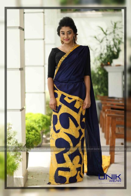 YELLOW AND BLUE COLOR SRI LANKAN HANDMADE COTTON BATIK SAREE 2056