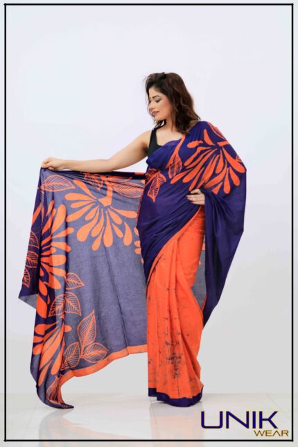 ORANGE AND BLUE SRI LANKAN HANDMADE COTTON BATIK SAREE 191135