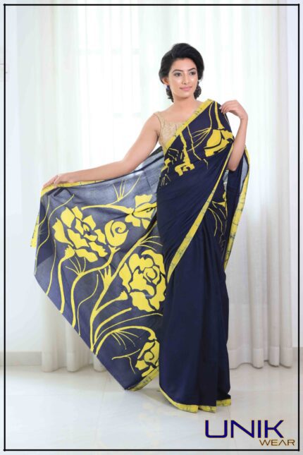 YELLOW AND BLUE SRI LANKAN HANDMADE COTTON BATIK SAREE 191128