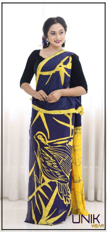 YELLOW AND BLUE SRI LANKAN HANDMADE COTTON BATIK SAREE 2009