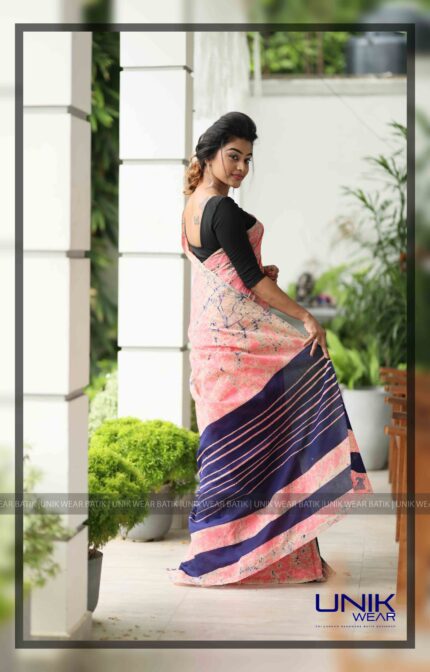 SALMON PINK AND BLUE COLOR SRI LANKAN HANDMADE COTTON BATIK SAREE 2052