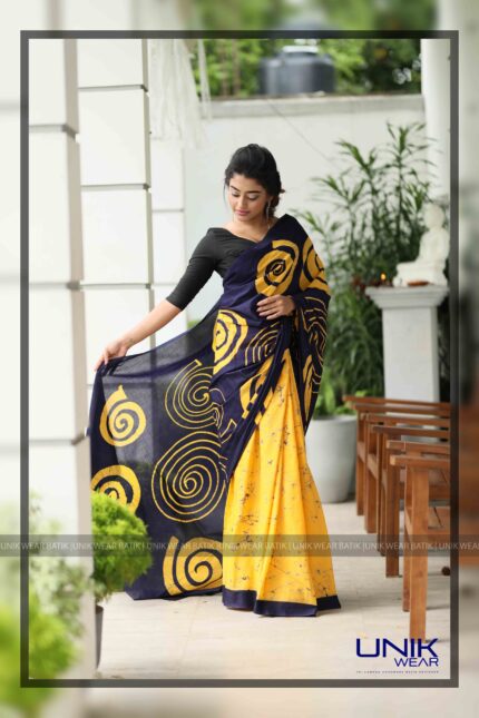 YELLOW AND BLUE COLOR SRI LANKAN HANDMADE COTTON BATIK SAREE 2051