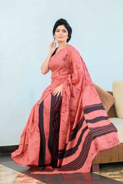 SALMON PINK & BLACK COLOR SRI LANKAN HANDMADE COTTON BATIK SAREE 19693