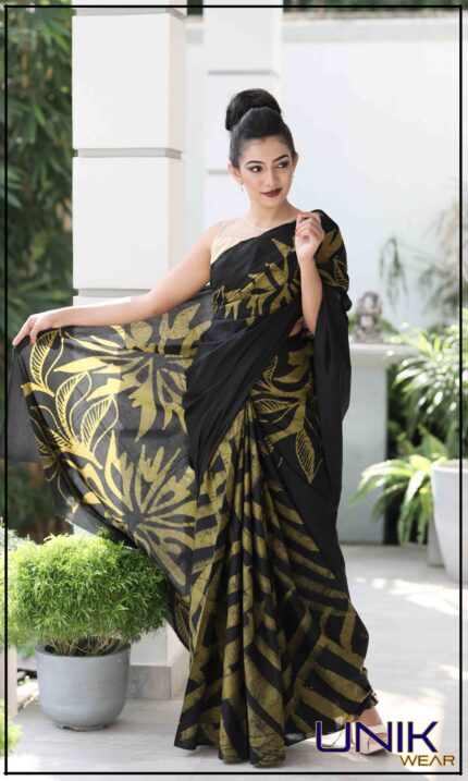 KAKI AND BLACK SRI LANKAN HANDMADE COTTON BATIK SAREE 2015