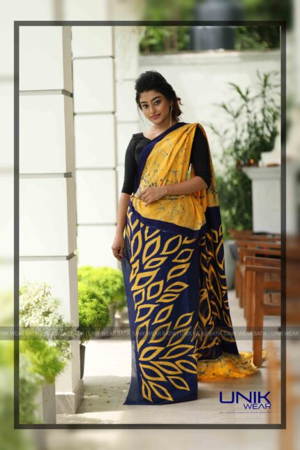 YELLOW AND BLUE COLOR SRI LANKAN HANDMADE COTTON BATIK SAREE 2055