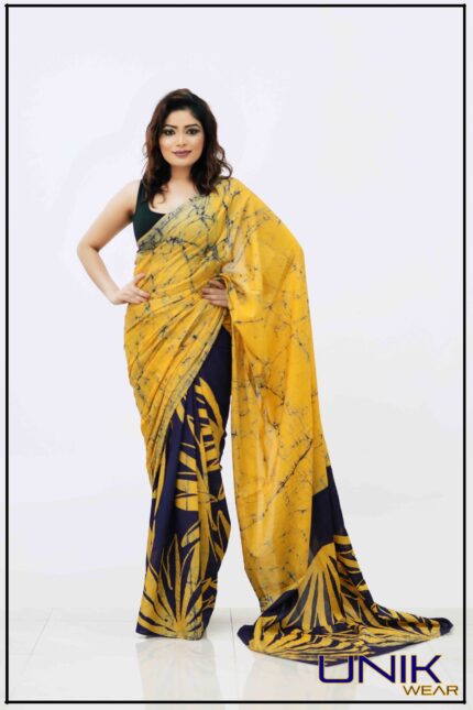 BLUE & YELLOW SRI LANKAN HANDMADE COTTON BATIK SAREE 191138