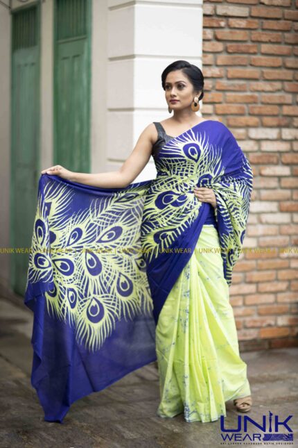 LIGHT GREEN & BLUE SRI LANKAN HANDMADE COTTON BATIK SAREE 2183