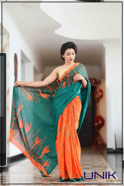 ORANGE AND GREEN COLOR SRI LANKAN HANDMADE COTTON BATIK SAREE 19804