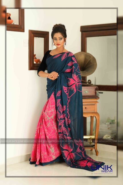 MAGENTA AND GREEN SRI LANKAN HANDMADE COTTON BATIK SAREE 2029