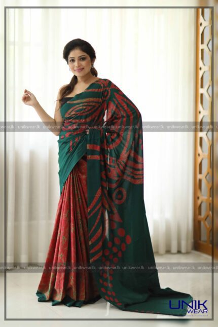 MAROON & GREEN SRI LANKAN HANDMADE COTTON BATIK SAREE 2105