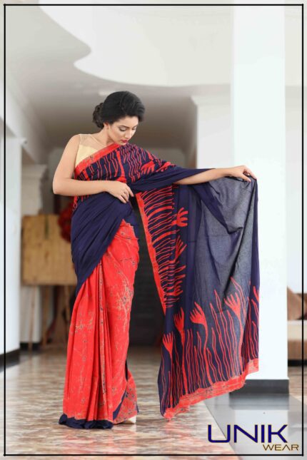 RED AND BLUE COLOR SRI LANKAN HANDMADE COTTON BATIK SAREE 19807