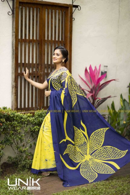 YELLOW AND BLUE SRI LANKAN HANDMADE COTTON BATIK SAREE 2167