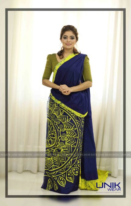 YELLOW AND BLUE SRI LANKAN HANDMADE COTTON BATIK SAREE 2046