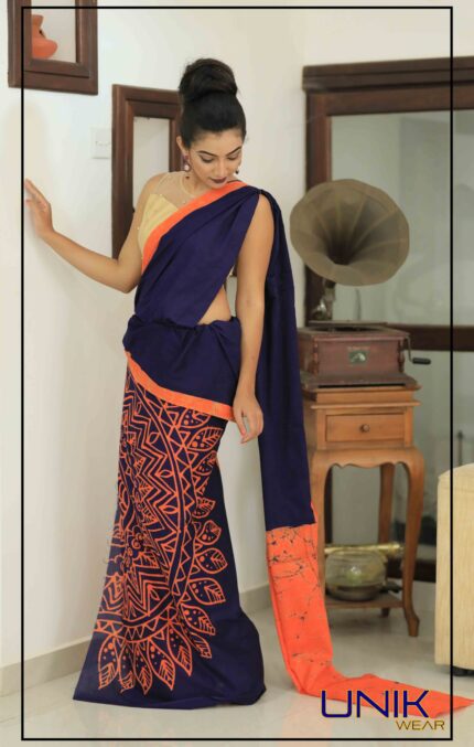 ORANGE AND BLUE SRI LANKAN HANDMADE COTTON BATIK SAREE 2022