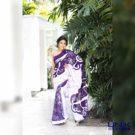 PURPLE & WHITE COLOR SRI LANKAN HANDMADE COTTON BATIK SAREE 2216