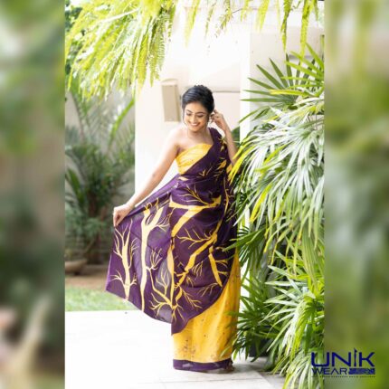 YELLOW & PURPLE COLOR SRI LANKAN HANDMADE COTTON BATIK SAREE 2217