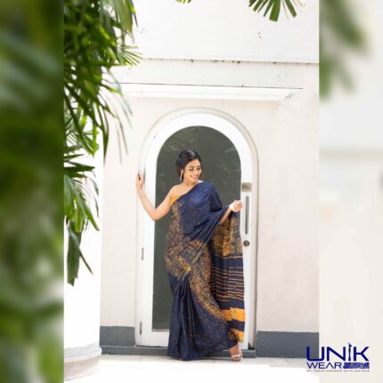 MUSTARD AND BLUE COLOR SRI LANKAN HANDMADE COTTON BATIK SAREE 2219