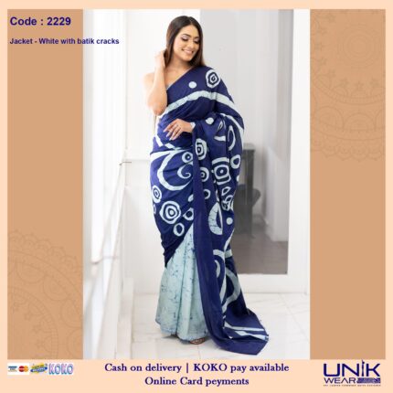 BLUE AND WHITE COLOR SRI LANKAN HANDMADE COTTON BATIK SAREE 2229