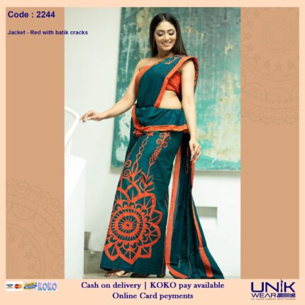 RED & GREEN SRI LANKAN HANDMADE COTTON BATIK SAREE/KANDYAN 2244