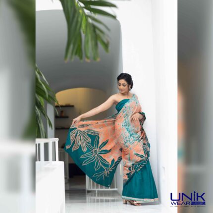 ORANGE & GREEN SRI LANKAN HANDMADE COTTON BATIK SAREE 2207