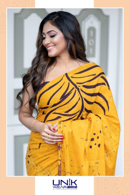 GOLDEN YELLOW & PURPLE SRI LANKAN HANDMADE COTTON BATIK SAREE 2247