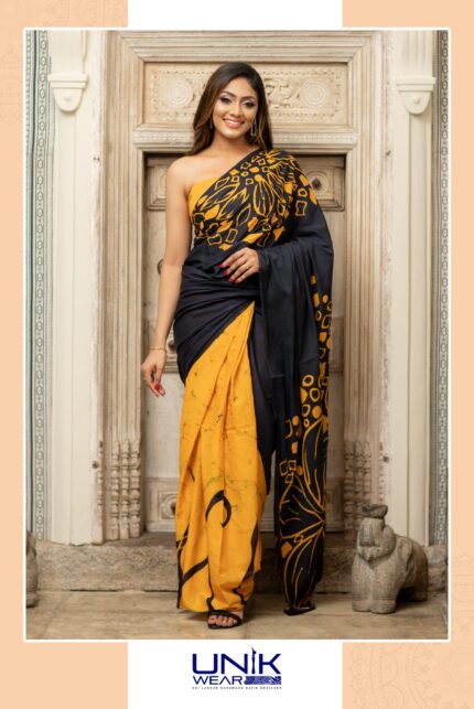 GOLDEN YELLOW & BLACK SRI LANKAN HANDMADE COTTON BATIK SAREE 2248