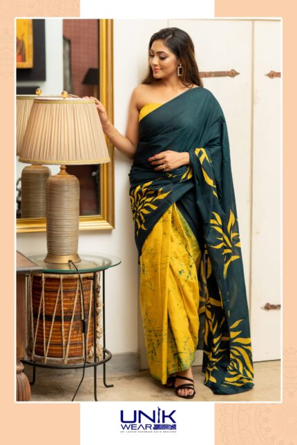 YELLOW & GREEN SRI LANKAN HANDMADE COTTON BATIK SAREE 2251